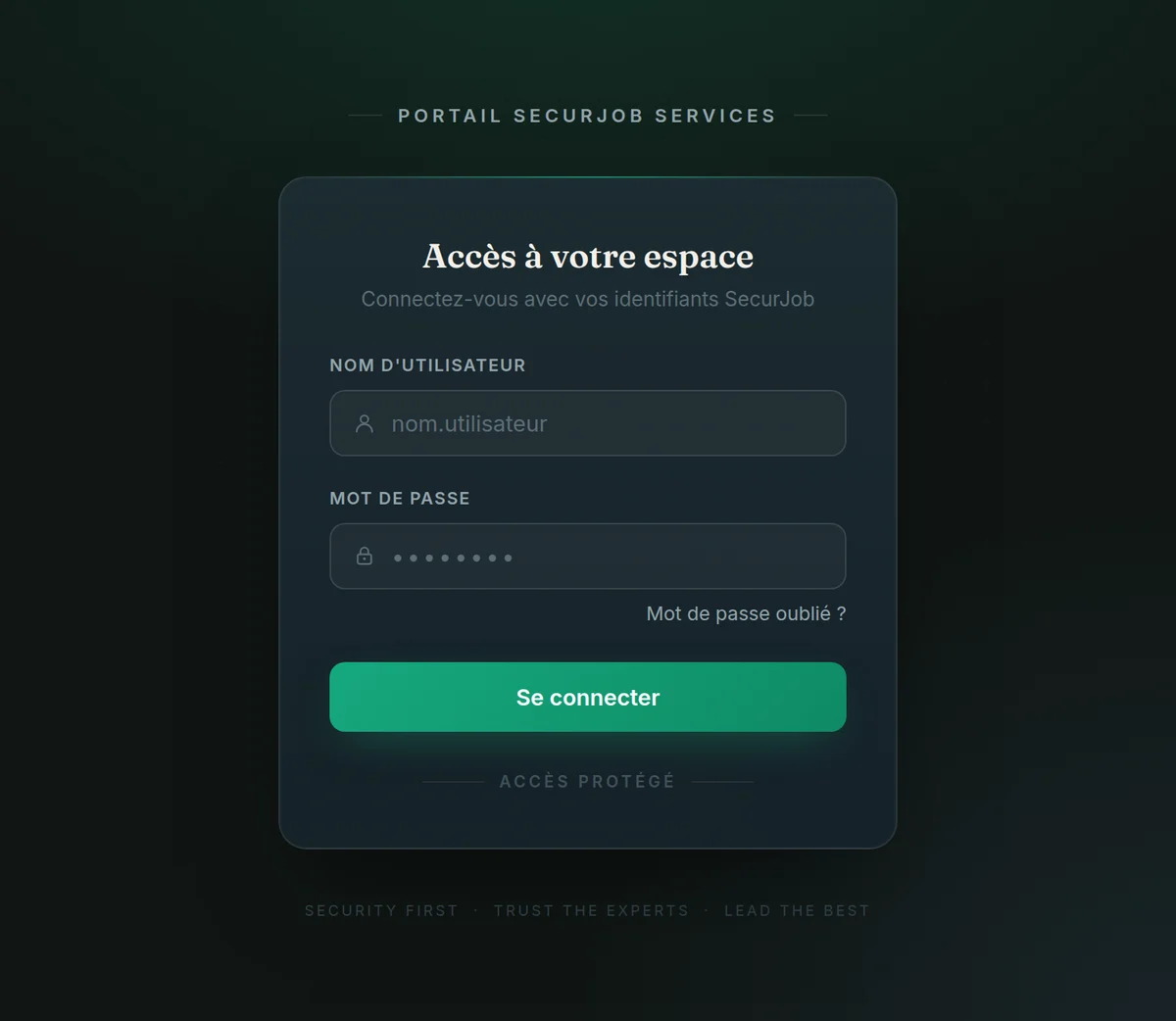 Portail SecurJob Services : écran de connexion sécurisé à l’espace de gestion interne.